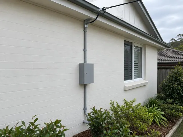 Overhead service cable and point-of-attachment bracket on a painted brick house exterior in Ourimbah