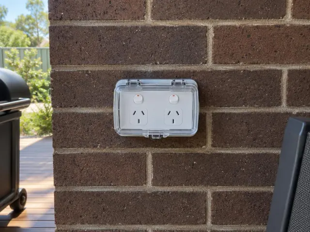 Outdoor double power point with weatherproof cover on a brick exterior wall in Lisarow