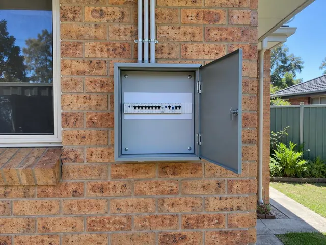 Open outdoor switchboard mounted on a brick house wall beside a window in Niagara Park